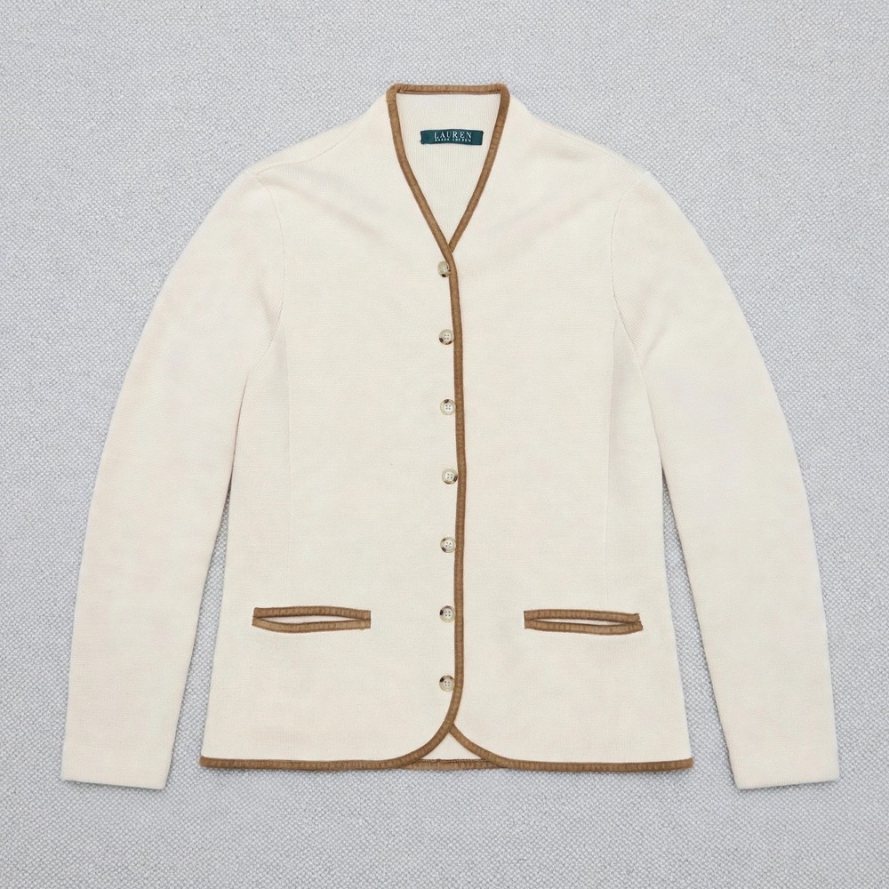 Lauren Ralph Lauren Merino Wool Cardigan Cream Camel Trim Womens S/M